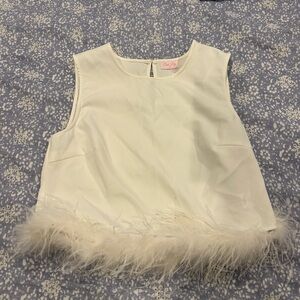 White Sleeveless Top with Feather Trim